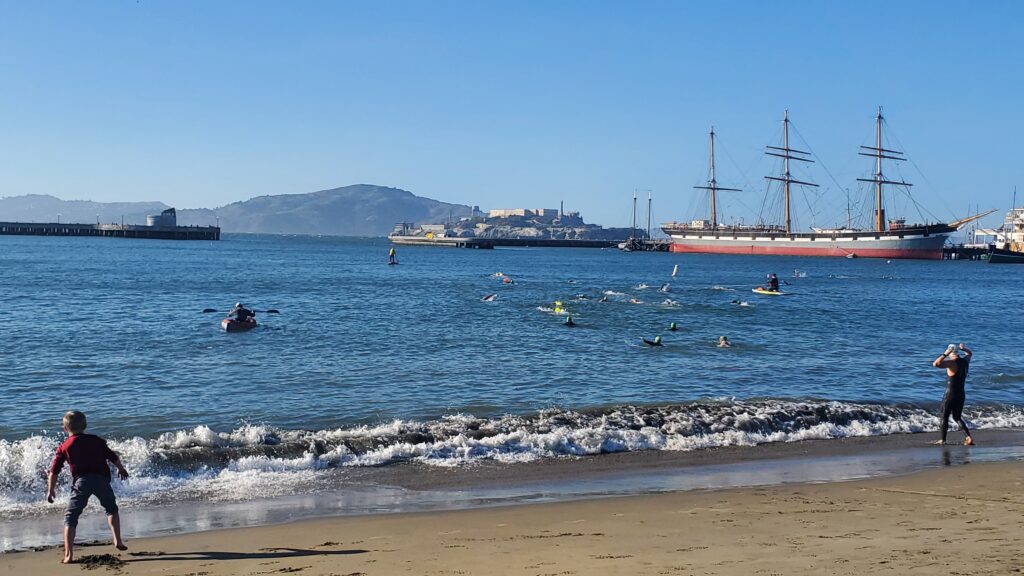 Open water swim group and kid get in the water at Aquatic Park
