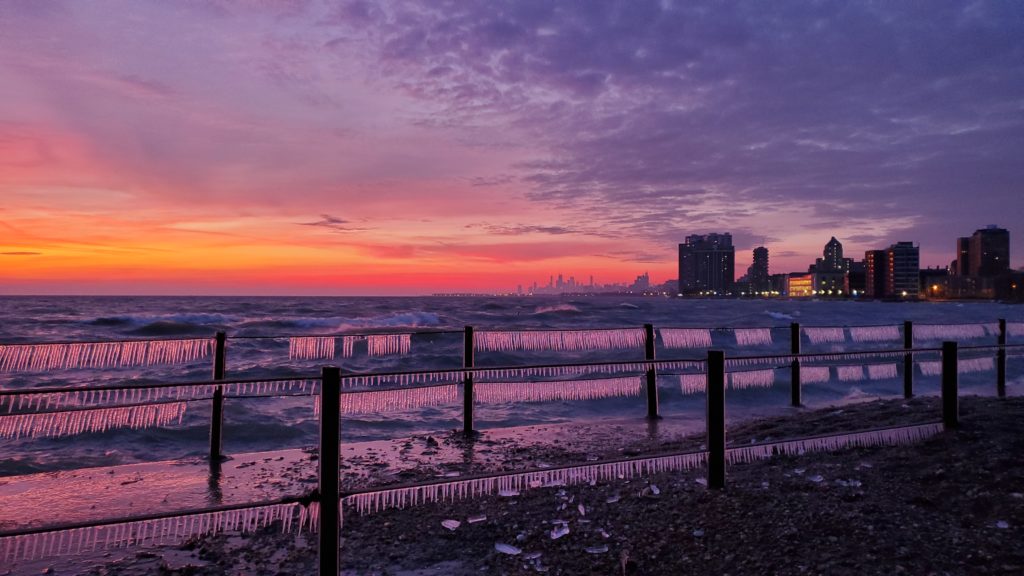 Icicles form on the railing of the lighthouse pier at Loyola Beach 
