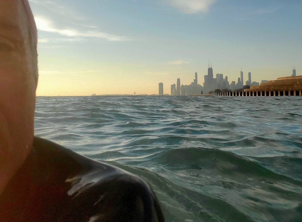 Skyline reveal swim south from Montrose to Belmont Harbor