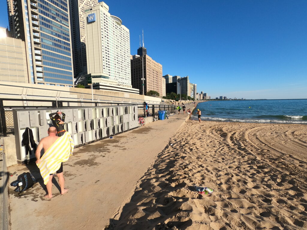 Lockers in the open water swimming area at Ohio Street Beach in Chicago