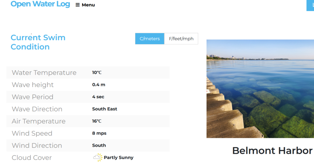 Open water swimming temperatures and wave heights (both °C/meters and °F/ft) in Lake Michigan reported for Belmont Harbor at openwaterlog.com