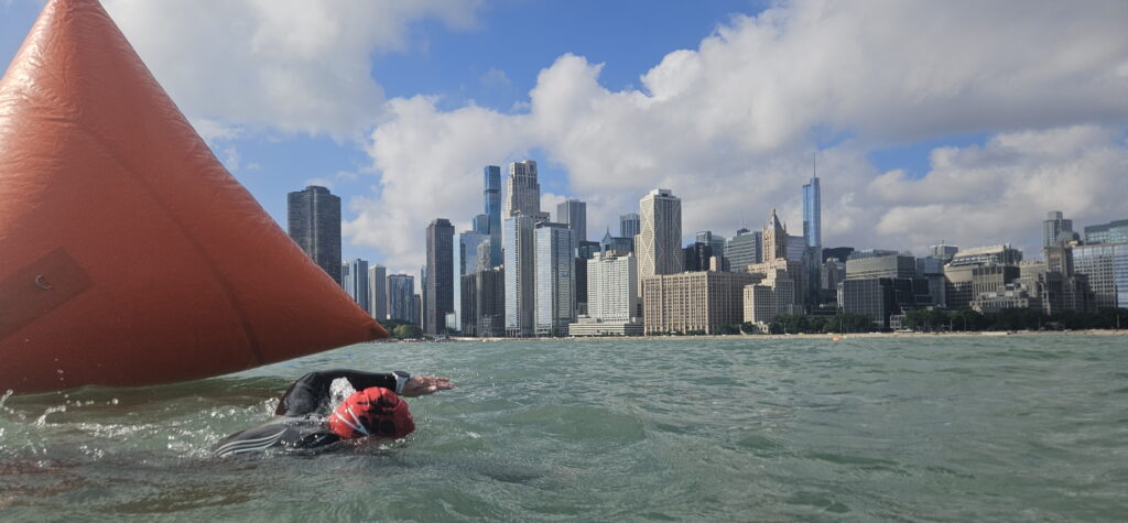 View of Ohio Street Beach from first turn buoy of Big Shoulders Chicago