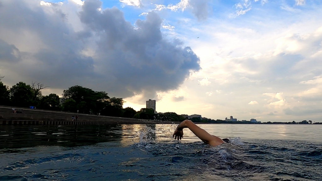 Perfect sunset open water swim conditions along the seawall at Belmont, Lake Michigan, Chicago