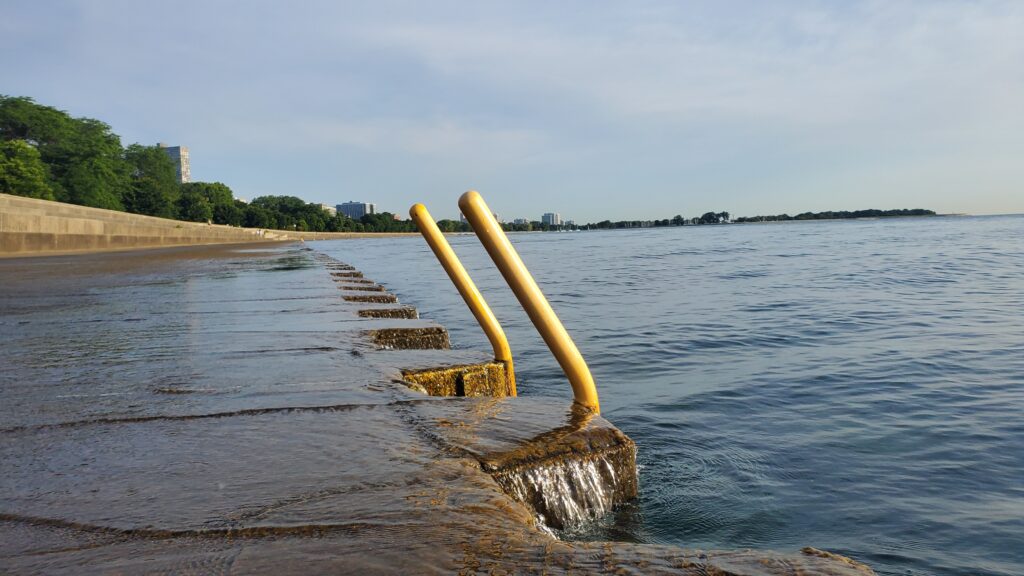 Ladder access to the flat water from the seawall outside Belmont Harbor