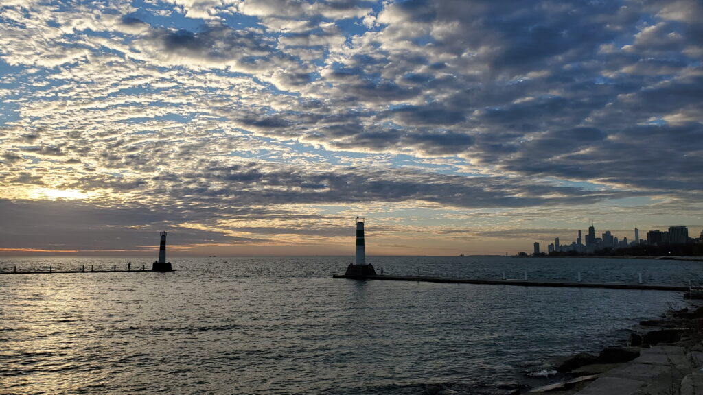 Chicago Skyline south of the boat entrance to Montrose Harbor