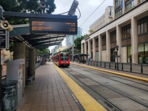 The San Diego Trolley takes you most of the way from downtown San to La Jolla Cove for an open water swim