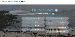 Example of OpenWaterLog.com Open Water Swimming Conditions and Forecasts -- open water swimming temperatures, waves, and tides. 