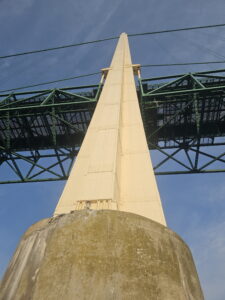 View of the South tower of the Mackinac Bridge from the water in the Mackinac Bridge Swim